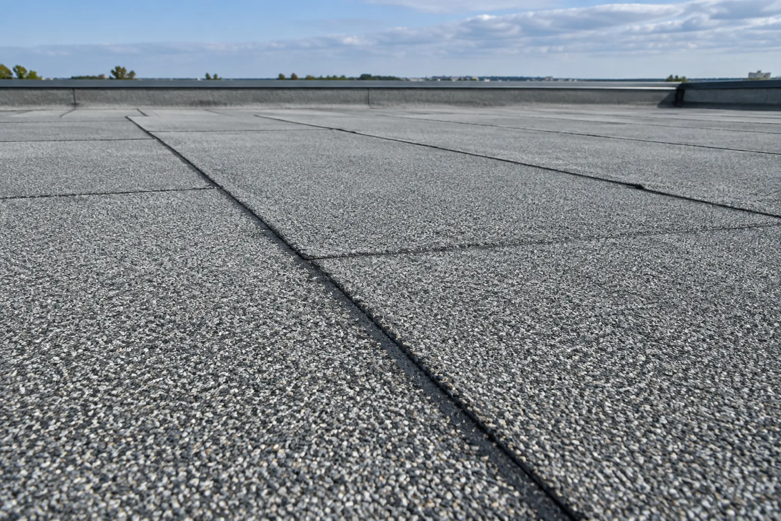 Illustration of gray granular modified-bitumen cap sheets with overlapping courses on a low-slope roof